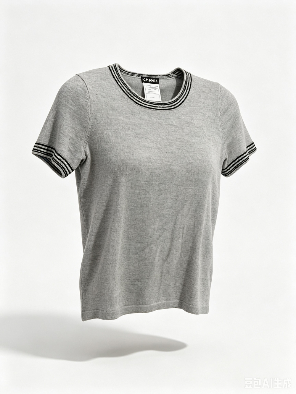 CHANEL Gray Short-Sleeve Rib-Trim Knit Top